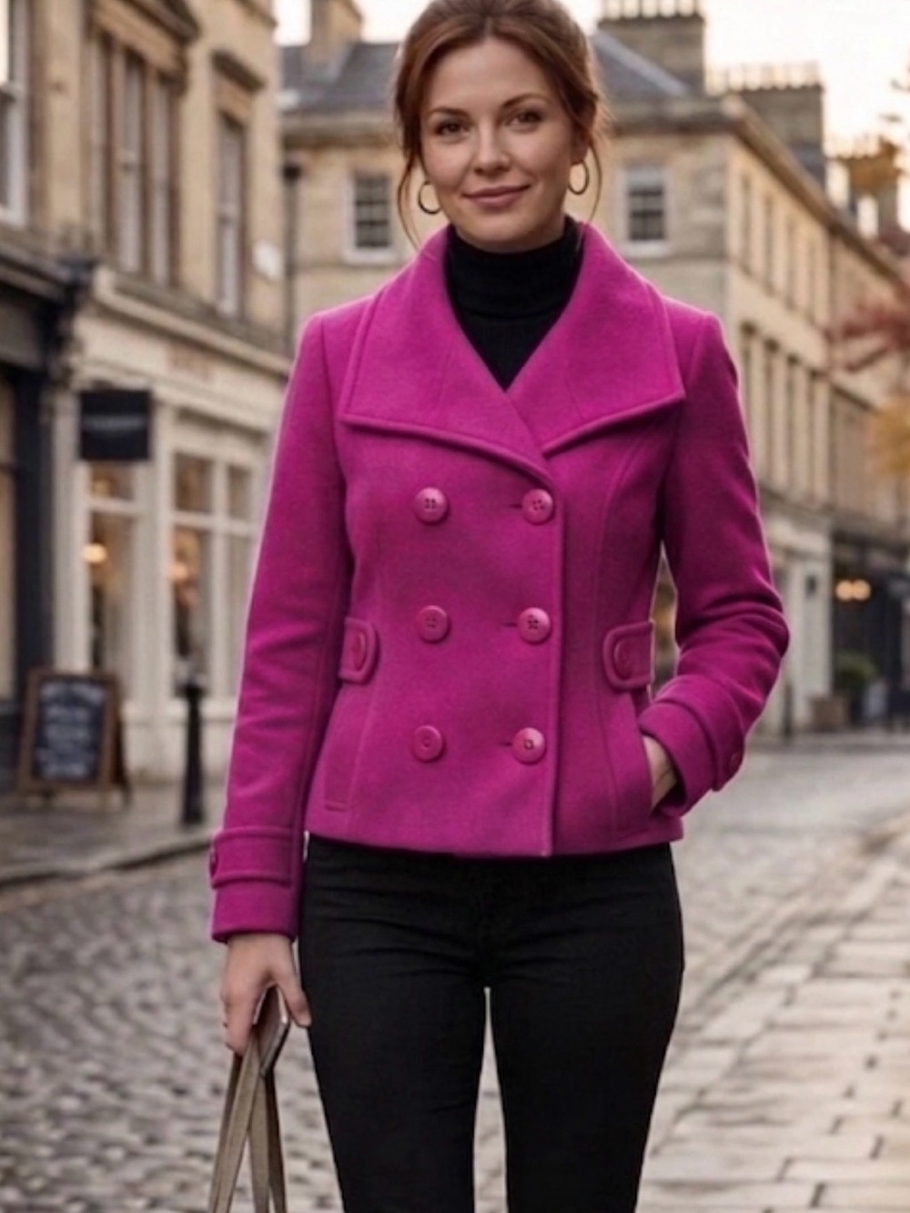 Women's Pea Coat Size S Fuschia Pink Double Breasted Jacket Short Pockets Winter